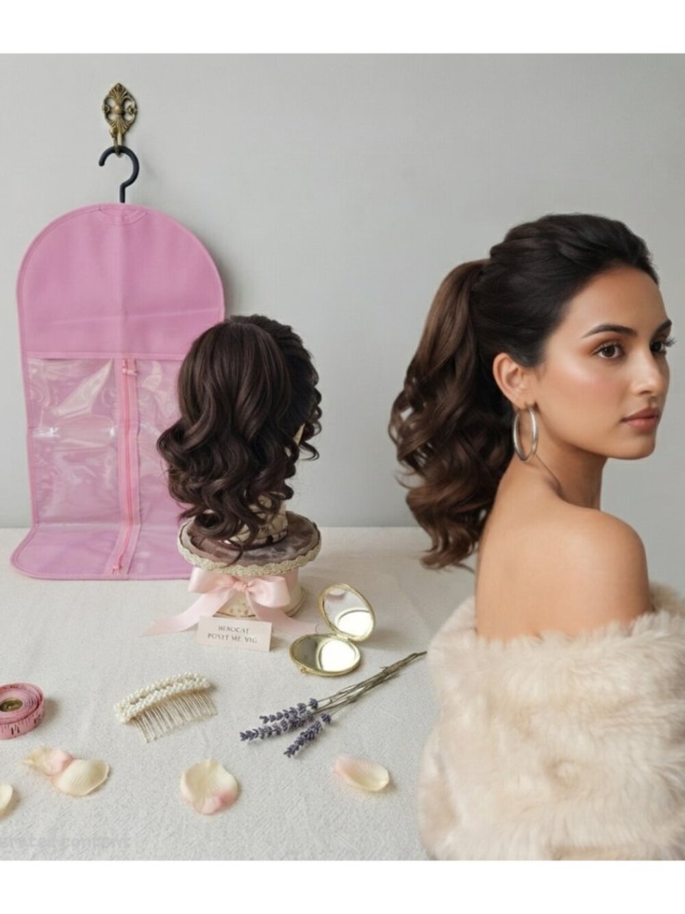 Dark Brown Clip-in Ponytail & 24" Pink Wig Storage Bag w/ Hanger
